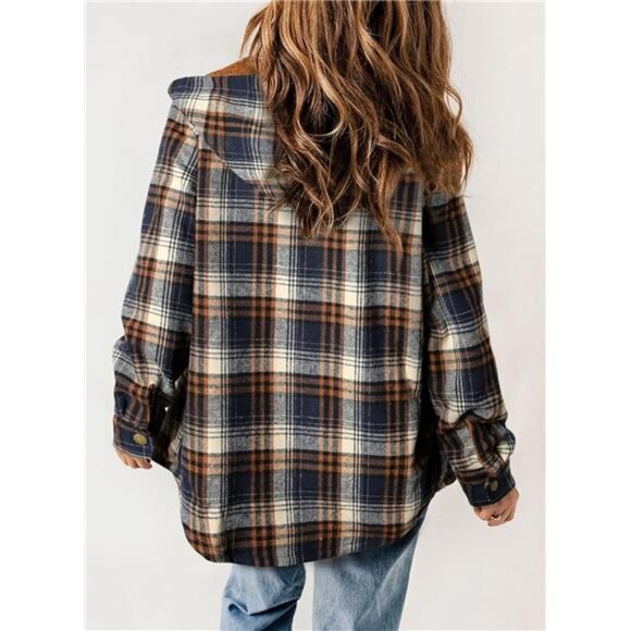 Womens Plaid Shacket Jacket Long Sleeve Button Down Fleece Hooded - Picture 3 of 7